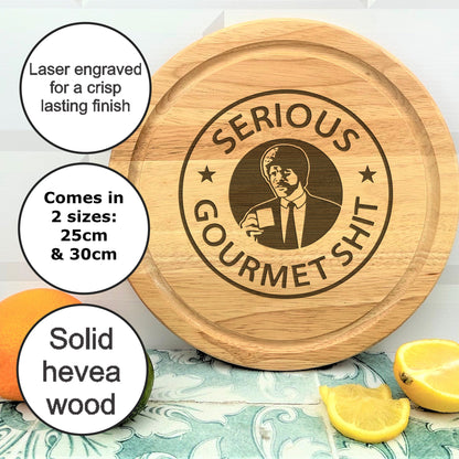 a wooden cutting board with a picture of a man on it