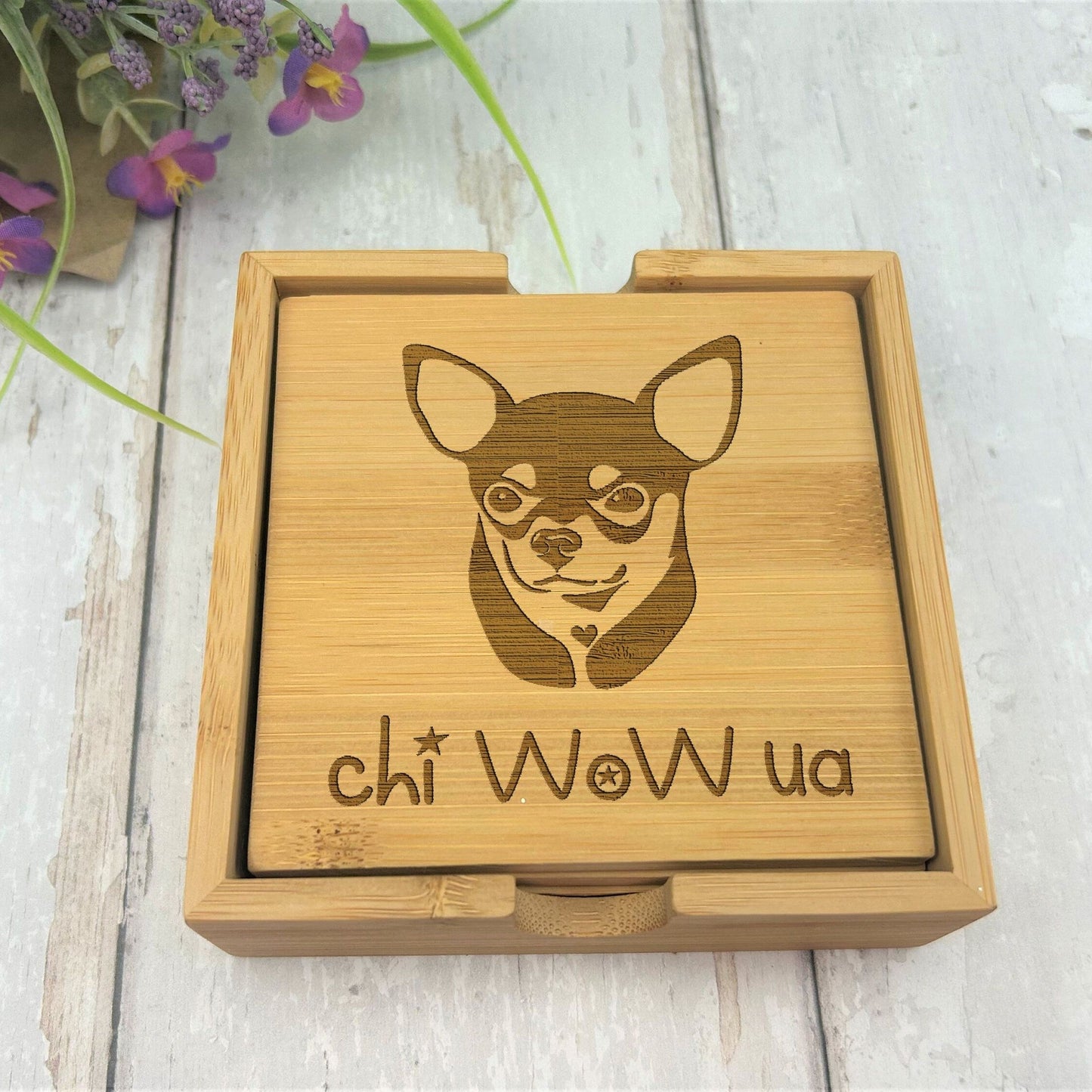 Chihuahua Pet Dog Engraved Bamboo Coaster Set New Home Décor House Warming Birthday Gift Christmas Present Doggy Animal