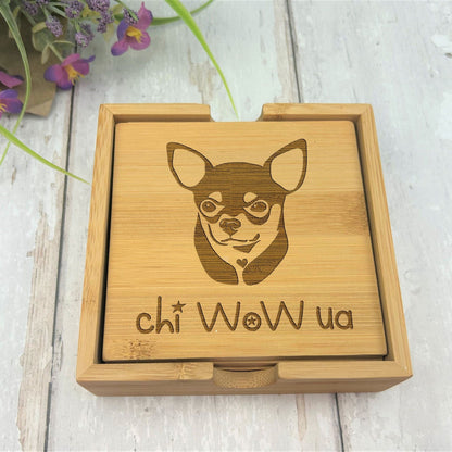 Chihuahua Pet Dog Engraved Bamboo Coaster Set New Home Décor House Warming Birthday Gift Christmas Present Doggy Animal