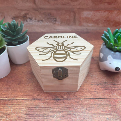 Manchester Bee Engraved Box - Storage / Memory - Wooden Personalised Gift