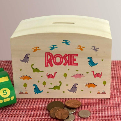 Dinosaurs Colourful Personalised Children's Wooden Money Box - Birthday Saving Gift