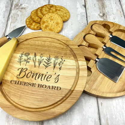 Flowers Design Cheese Board Set - Wooden Engraved Personalised Charcuterie Gift