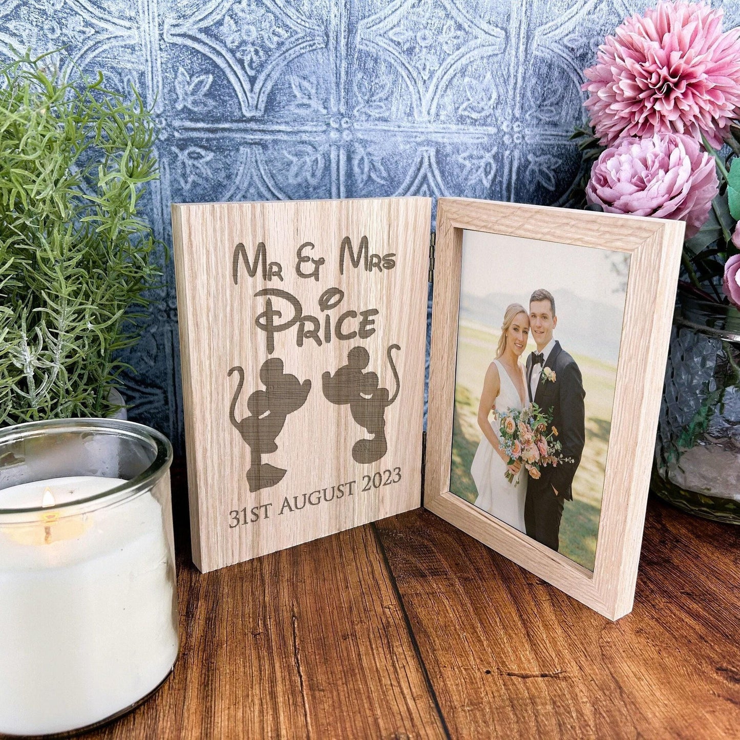 Mickey & Minnie Mouse Design - Personalised Oak Photo Frame - Wedding - Anniversary - Engagement Gift