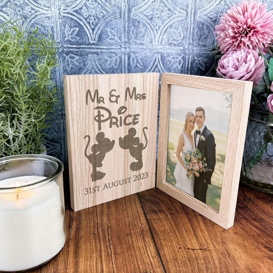 Mickey & Minnie Mouse Design - Personalised Oak Photo Frame - Wedding - Anniversary - Engagement Gift