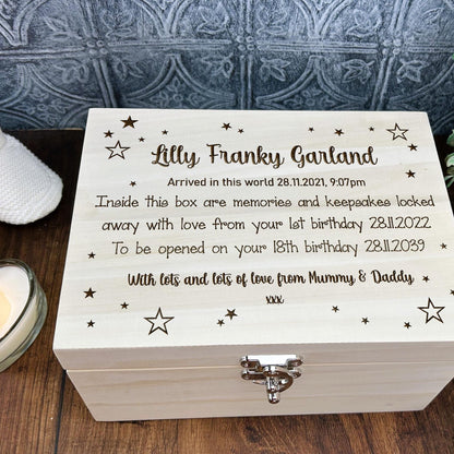 Star Design Time Capsule Personalised Wooden Memory Box Christening / New Baby Gift