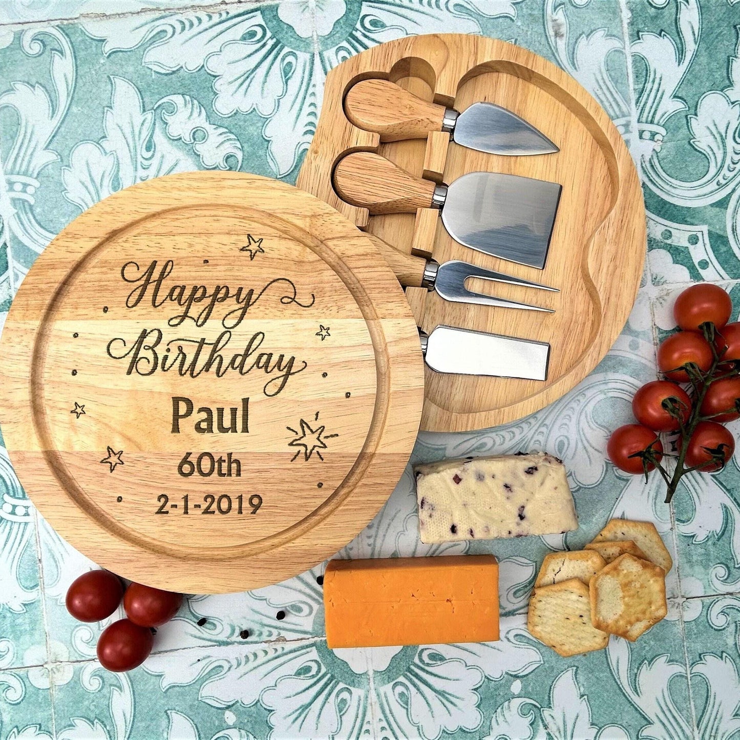 Happy Birthday Cheese Board Set with Utensils - 30th 40th 50th - Personalised Gift