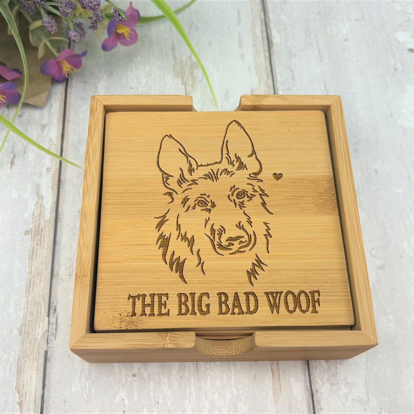 German Shepherd Dog Engraved Bamboo Coaster Set New Home Décor House Warming Gift Christmas Gift Birthday Present