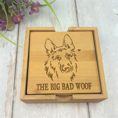 German Shepherd Dog Engraved Bamboo Coaster Set New Home Décor House Warming Gift Christmas Gift Birthday Present