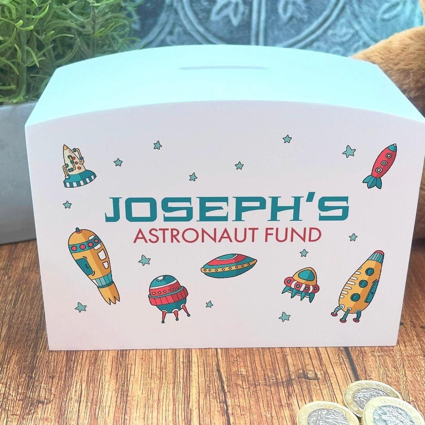 Astronaut Fund - Personalised Children's Wooden Money Box - Rockets - Birthday Saving Gift