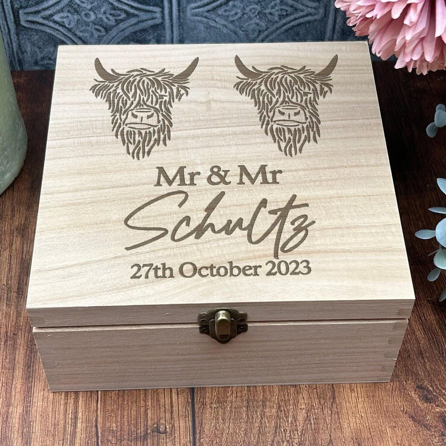 Highland Cow Mr & Mr Gay LGBT Couple Wooden Memory Box Personalised Wedding Gift