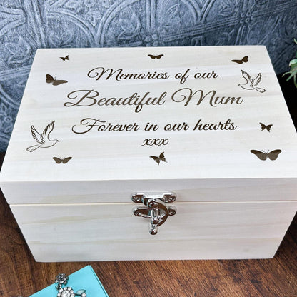Luxury Wooden Remembrance Memory Box - Birds & Butterflies Design - Personalised Gift