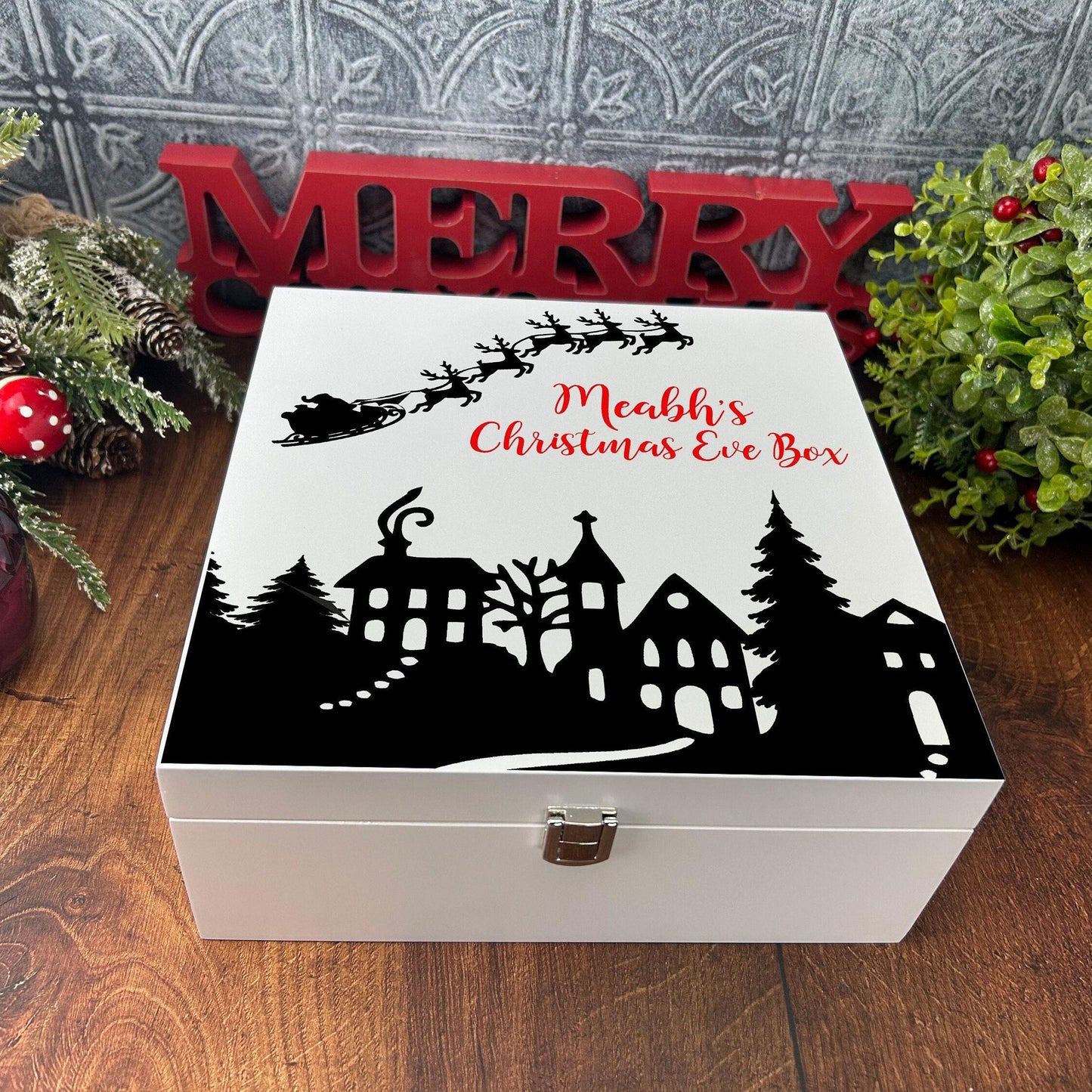 Winter Town Silhouette Santa Sleigh Christmas Eve Box - Personalised Gift
