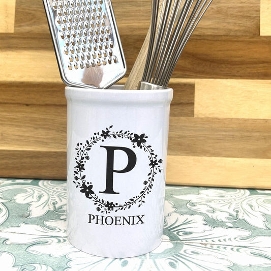 Floral Wreath Kitchen Cooking Utensils Holder - Cutlery Pot - Personalised Gift Housewarming