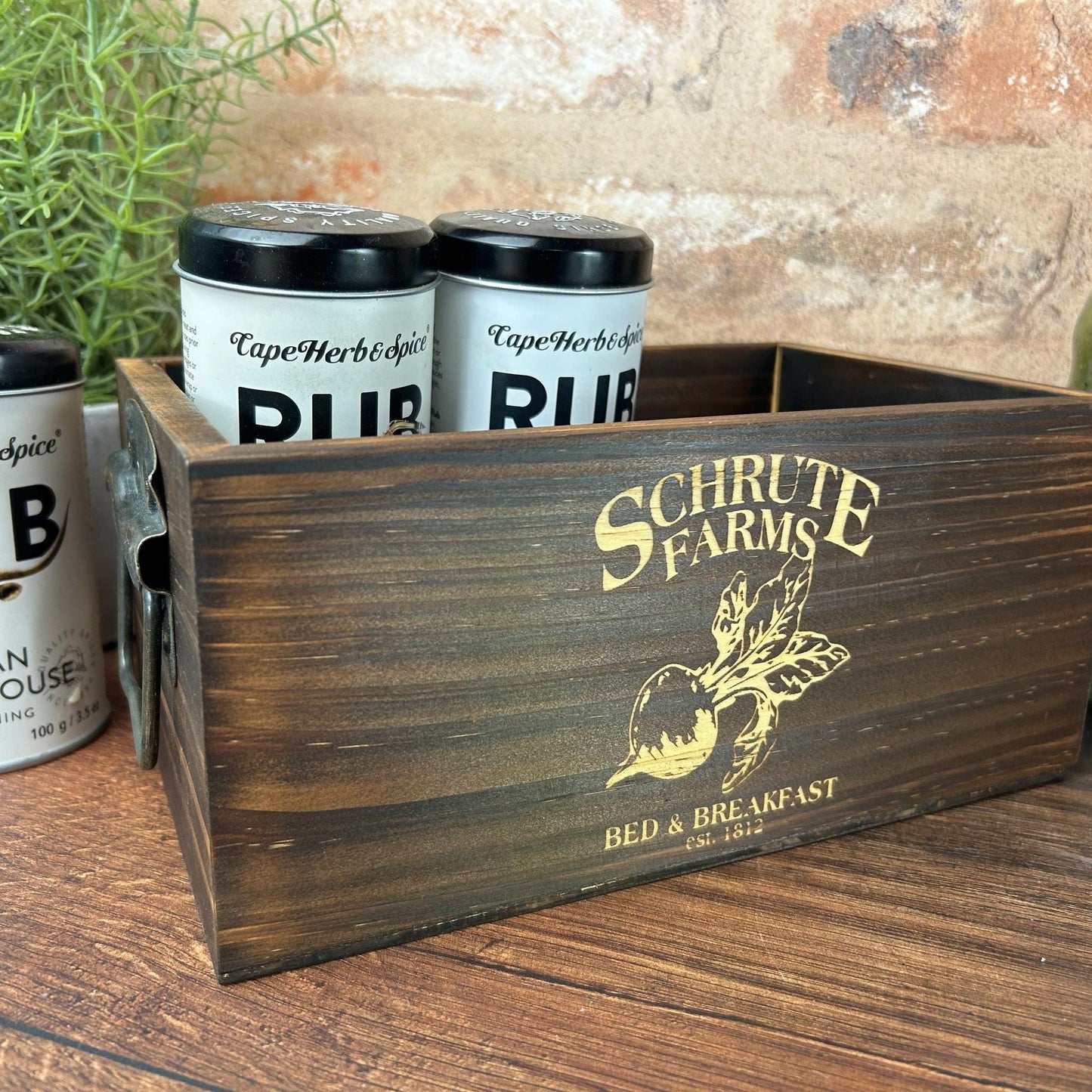 The Office Dwight Schrute Farms Beets Engraved Dark Wood Kitchen Tidy / Caddy Storage Spices Vinegar Herb Dining Table Decor Housewarming