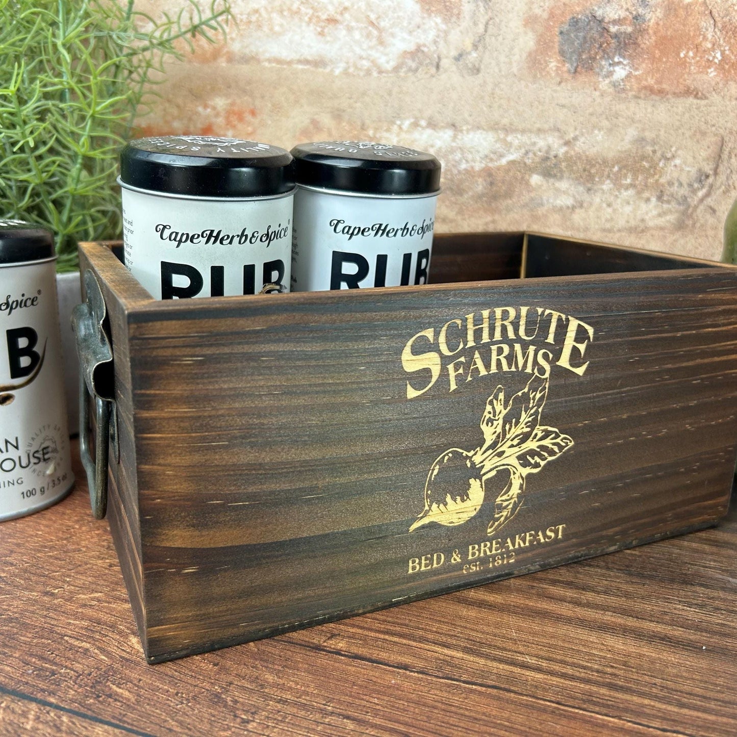 The Office Dwight Schrute Farms Beets Engraved Dark Wood Kitchen Tidy / Caddy Storage Spices Vinegar Herb Dining Table Decor Housewarming