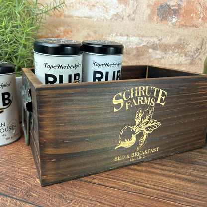 The Office Dwight Schrute Farms Beets Engraved Dark Wood Kitchen Tidy / Caddy Storage Spices Vinegar Herb Dining Table Decor Housewarming