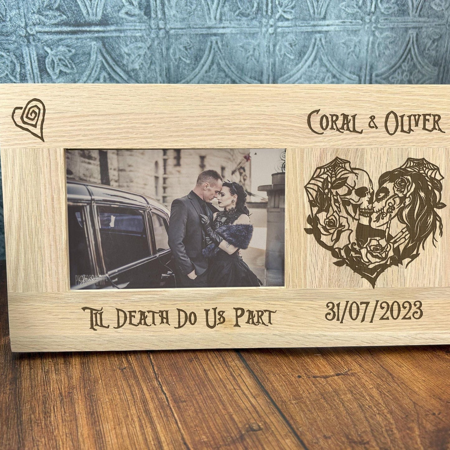 Personalised Sugar Skull Couple, Wedding, Anniversary Photo Frame. 'Til Death Do Us Part'  Gothic, Goth, Emo, Horror Themed Gift. Solid Oak