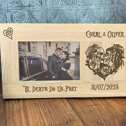 Personalised Sugar Skull Couple, Wedding, Anniversary Photo Frame. 'Til Death Do Us Part'  Gothic, Goth, Emo, Horror Themed Gift. Solid Oak