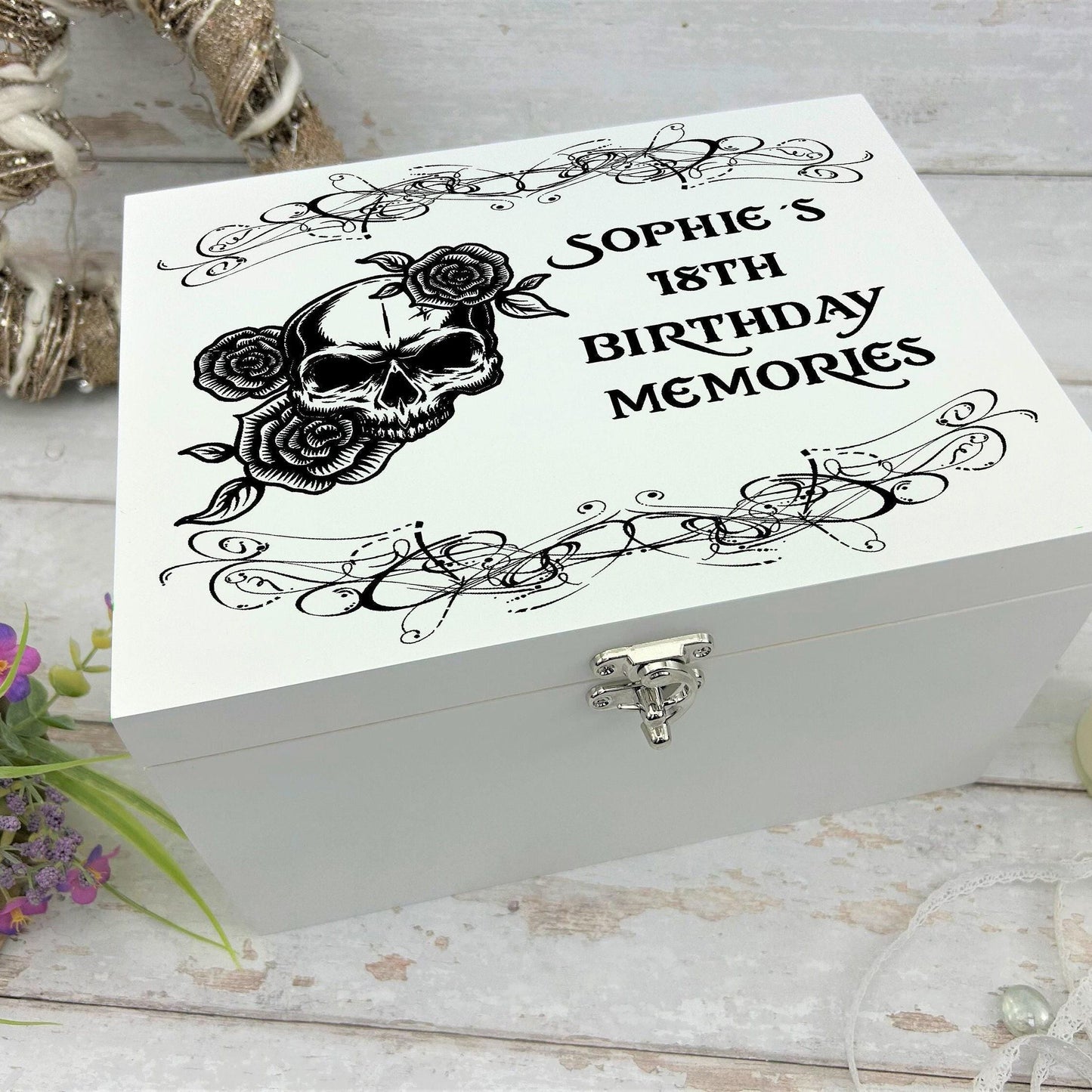 Personalised Skull & Roses Memory / Keepsake White Wooden Box