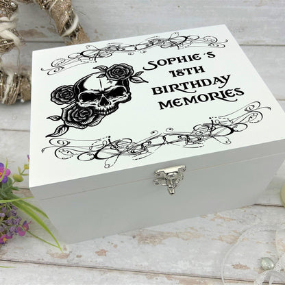 Personalised Skull & Roses Memory / Keepsake White Wooden Box