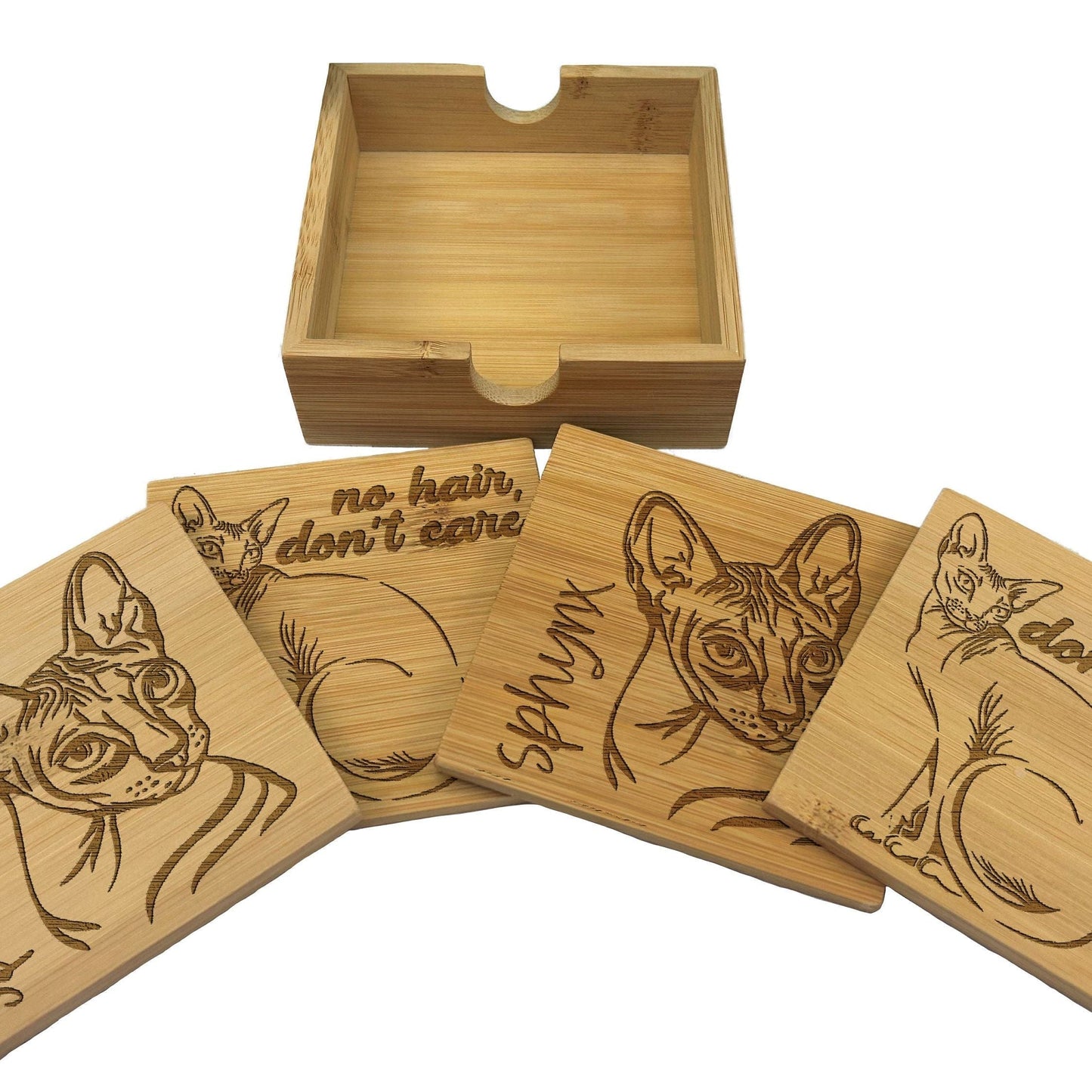 Sphynx Cat Bamboo Engraved Coaster Set New Home Décor House Warming Christmas Gift Birthday Present