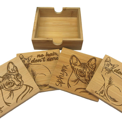 Sphynx Cat Bamboo Engraved Coaster Set New Home Décor House Warming Christmas Gift Birthday Present