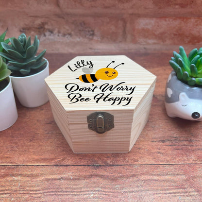 Don't Worry Bee Happy Printed Box - Toy Storage / Memory - Wooden Personalised Gift