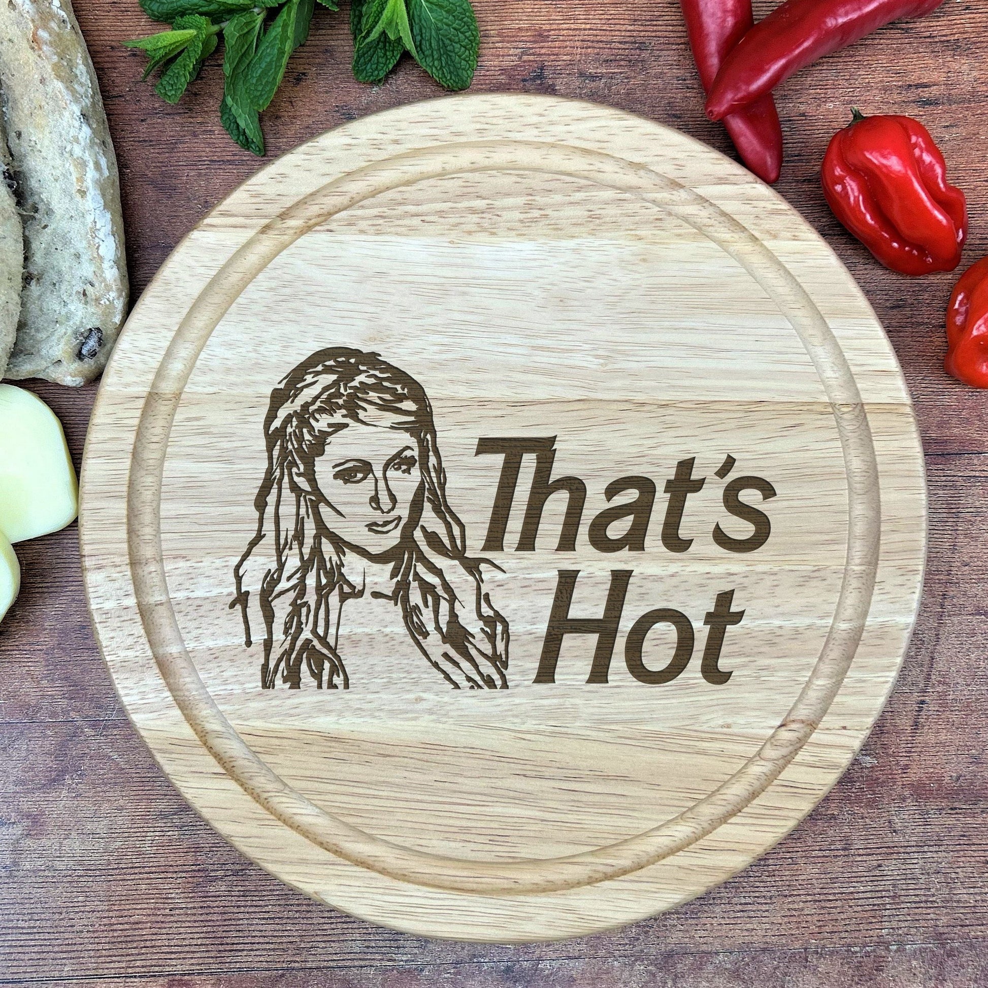 a cutting board with a picture of a woman on it