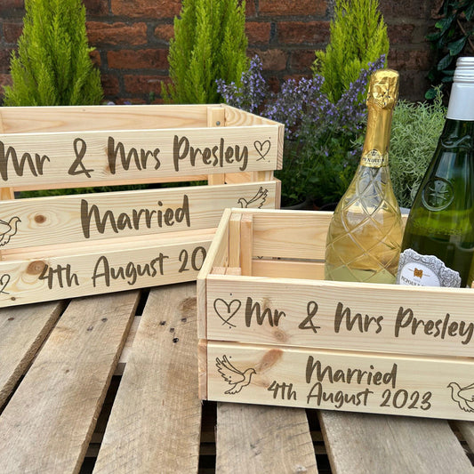 Mr & Mrs Married - Doves Hearts Design - Personalised Wooden Crate Hamper Gift