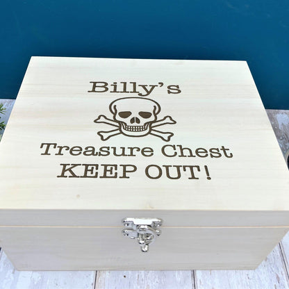 Personalised Pirate Treasure Box Skull & Crossbones Wooden Toy Storage - Keepsake Box
