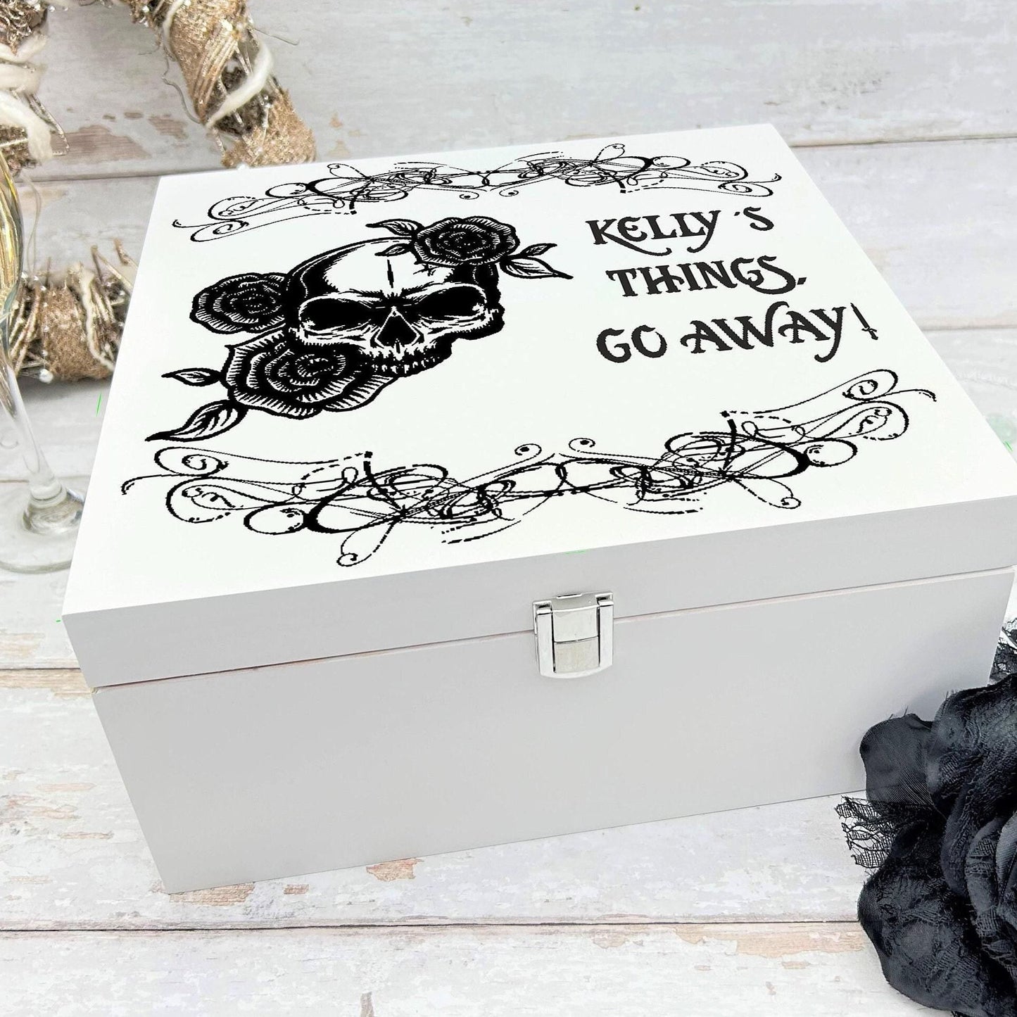 Personalised Skull & Roses Memory / Keepsake White Wooden Box