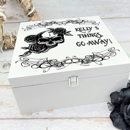 Personalised Skull & Roses Memory / Keepsake White Wooden Box