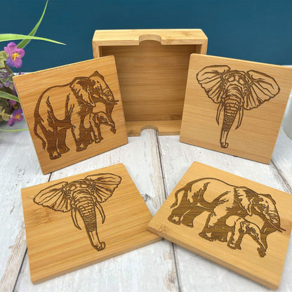 Elephant Engraved Bamboo Coaster Set New Home Décor House Warming Gift Christmas Gift Birthday Present
