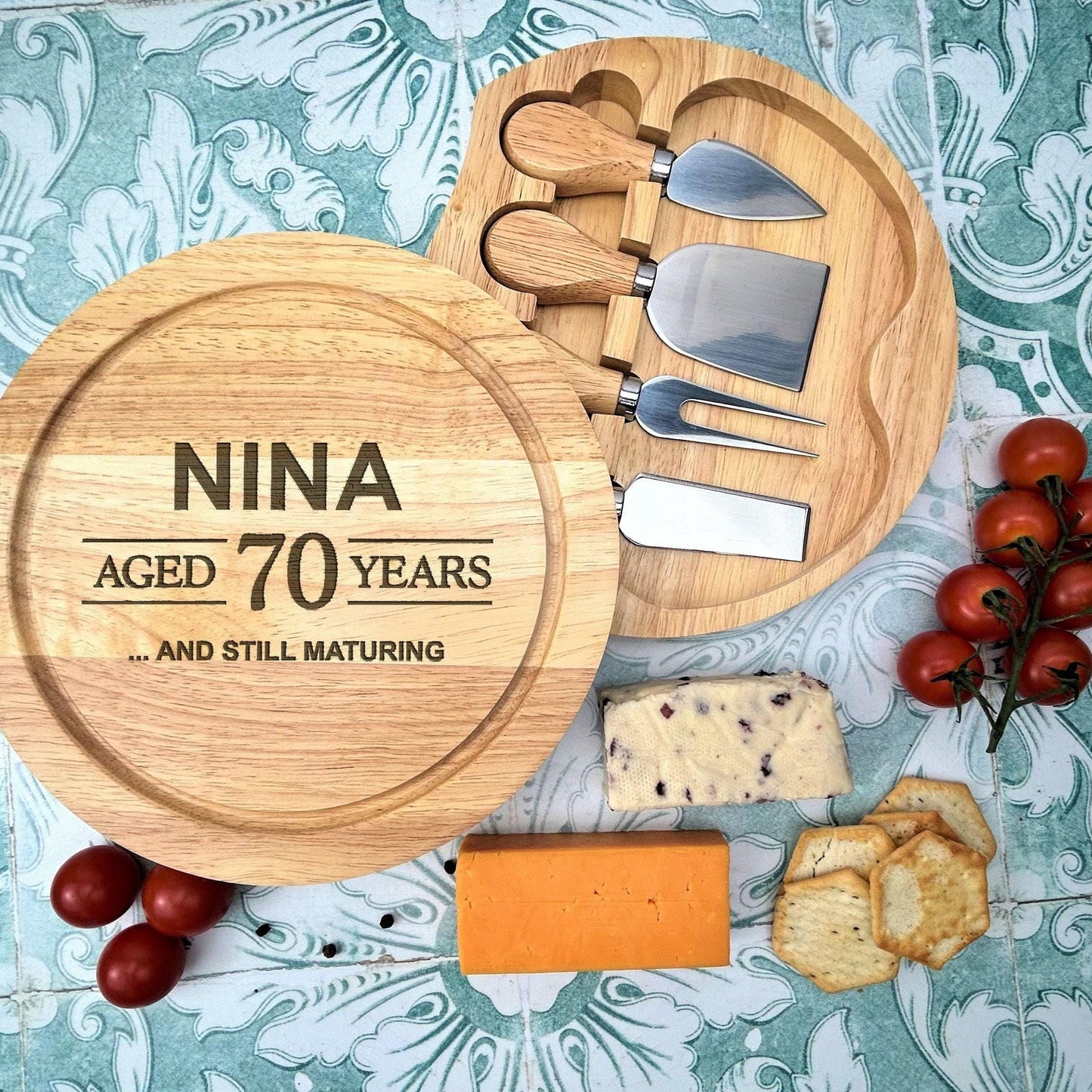 Still Maturing Birthday Cheese Board Set with Utensils - Wooden Engraved Personalised Charcuterie Gift