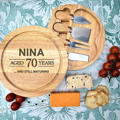 Still Maturing Birthday Cheese Board Set with Utensils - Wooden Engraved Personalised Charcuterie Gift