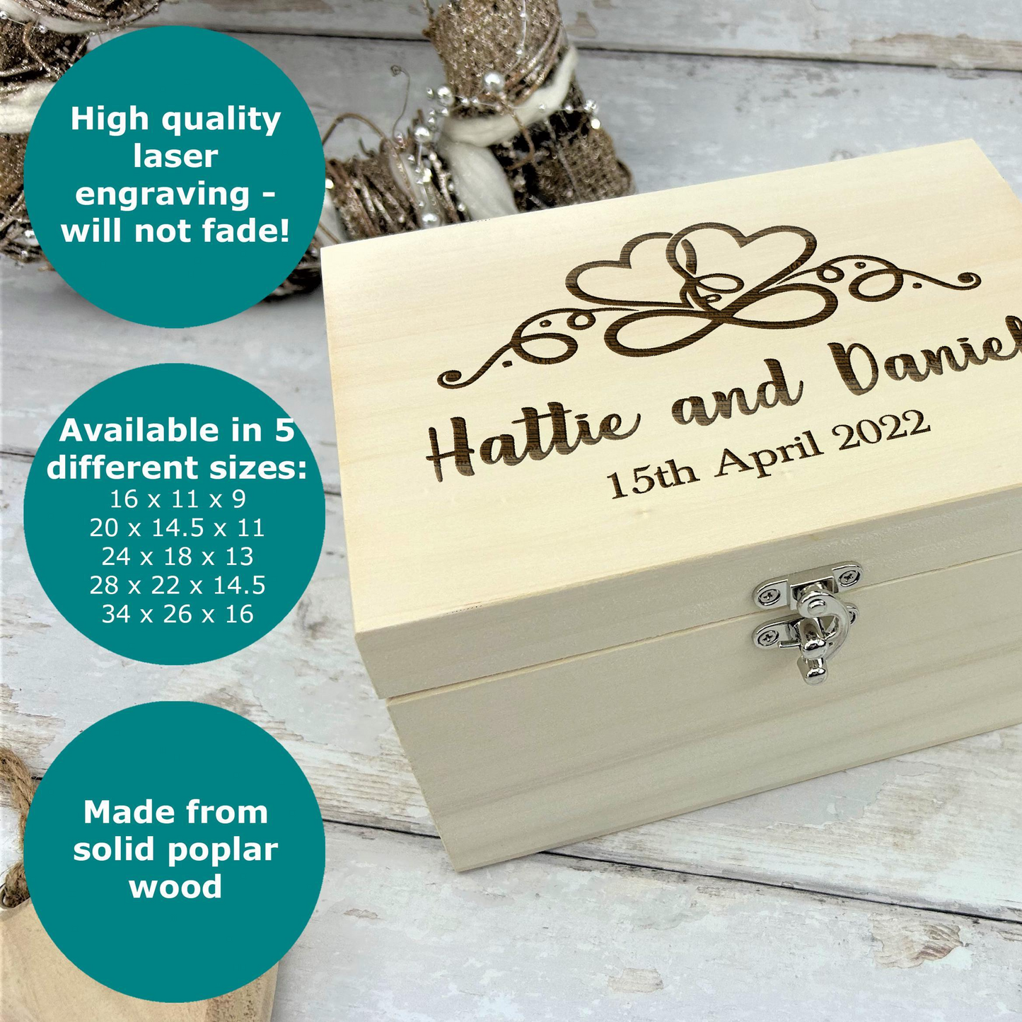 a wooden box with the date and name engraved on it