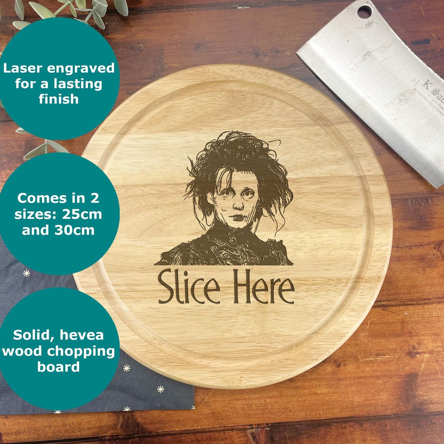 a cutting board with a picture of a woman on it