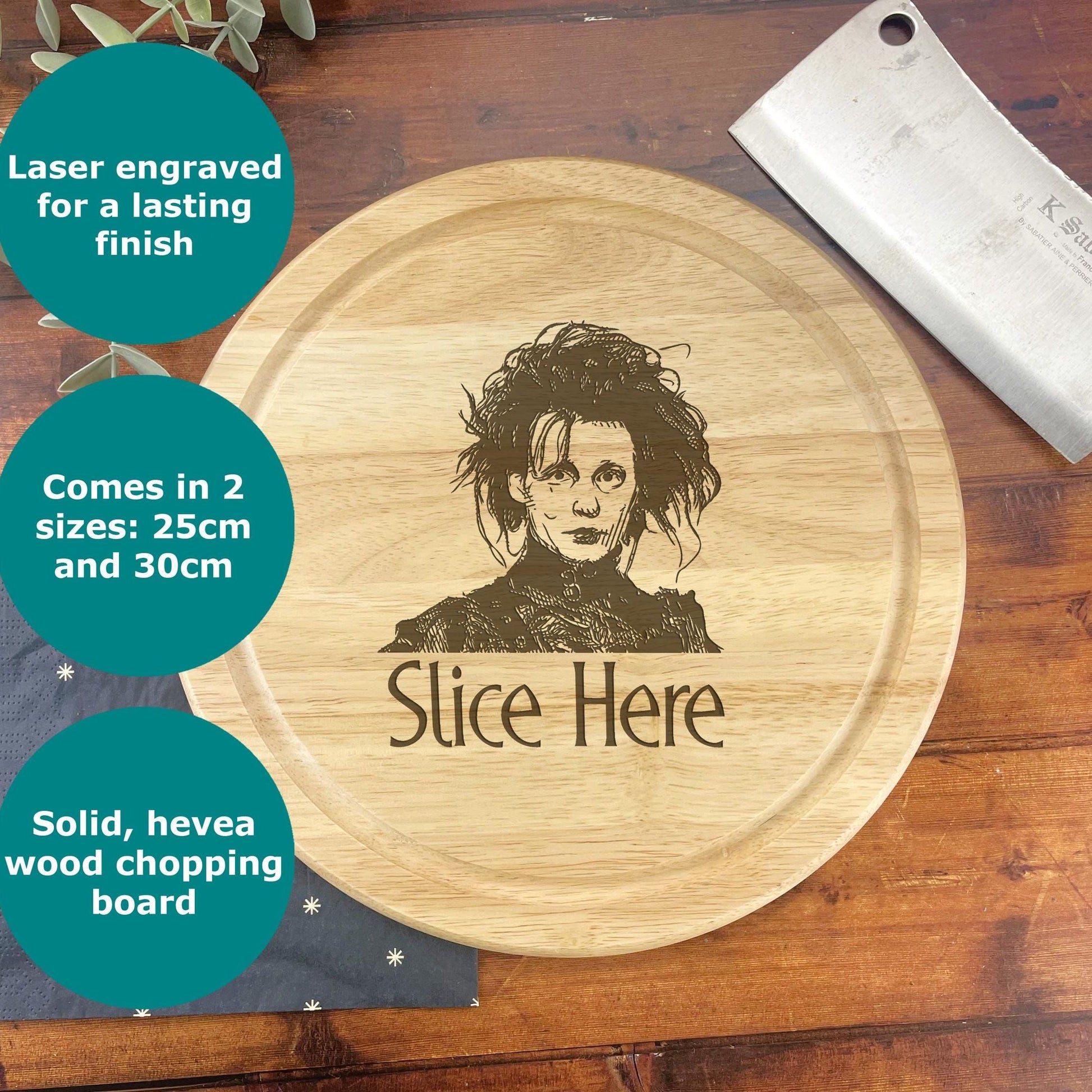 a cutting board with a picture of a woman on it