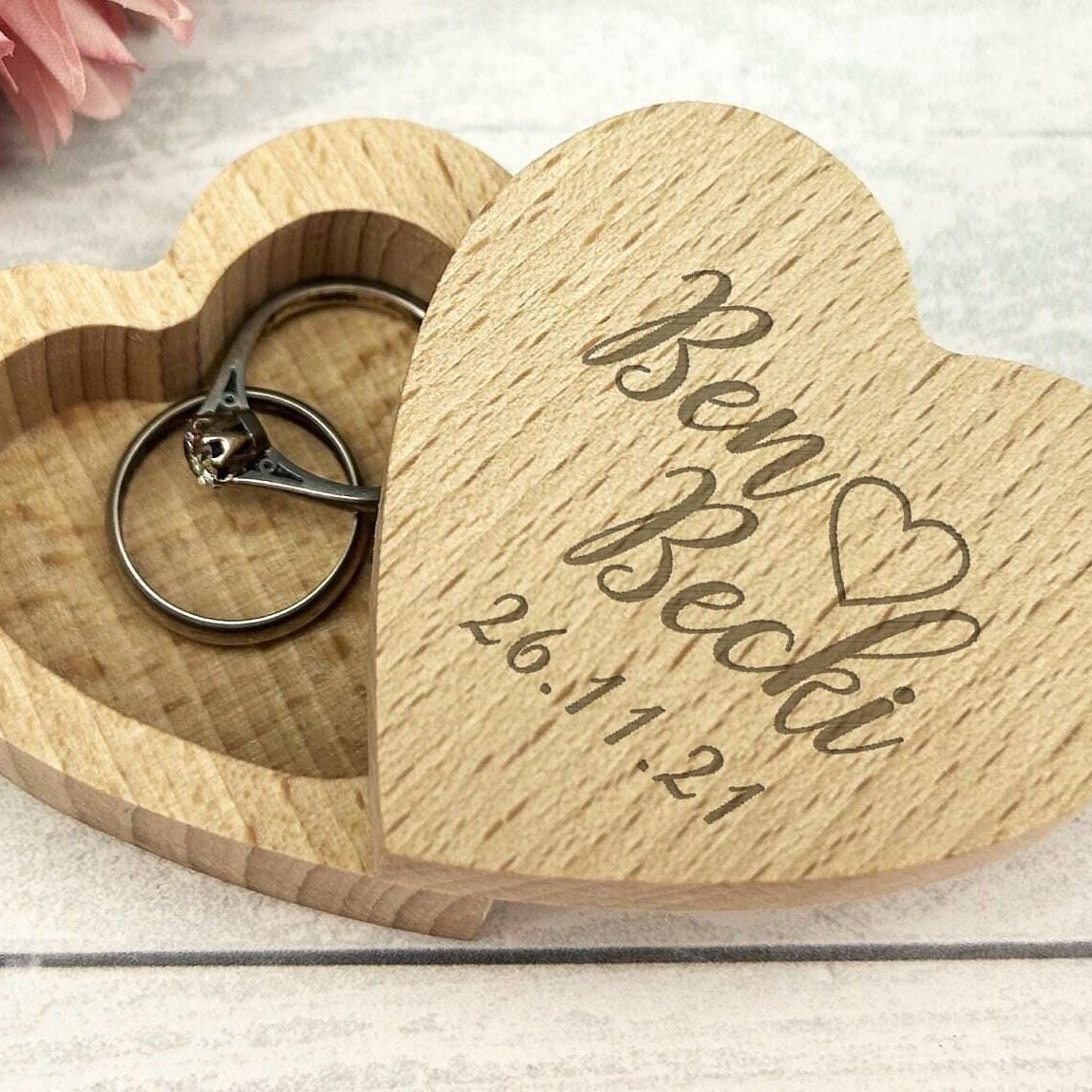 Wedding Ring Carrier Heart Box - Personalised  - Any Name and Date Engagement Gift - Wooden Engraved Keepsake