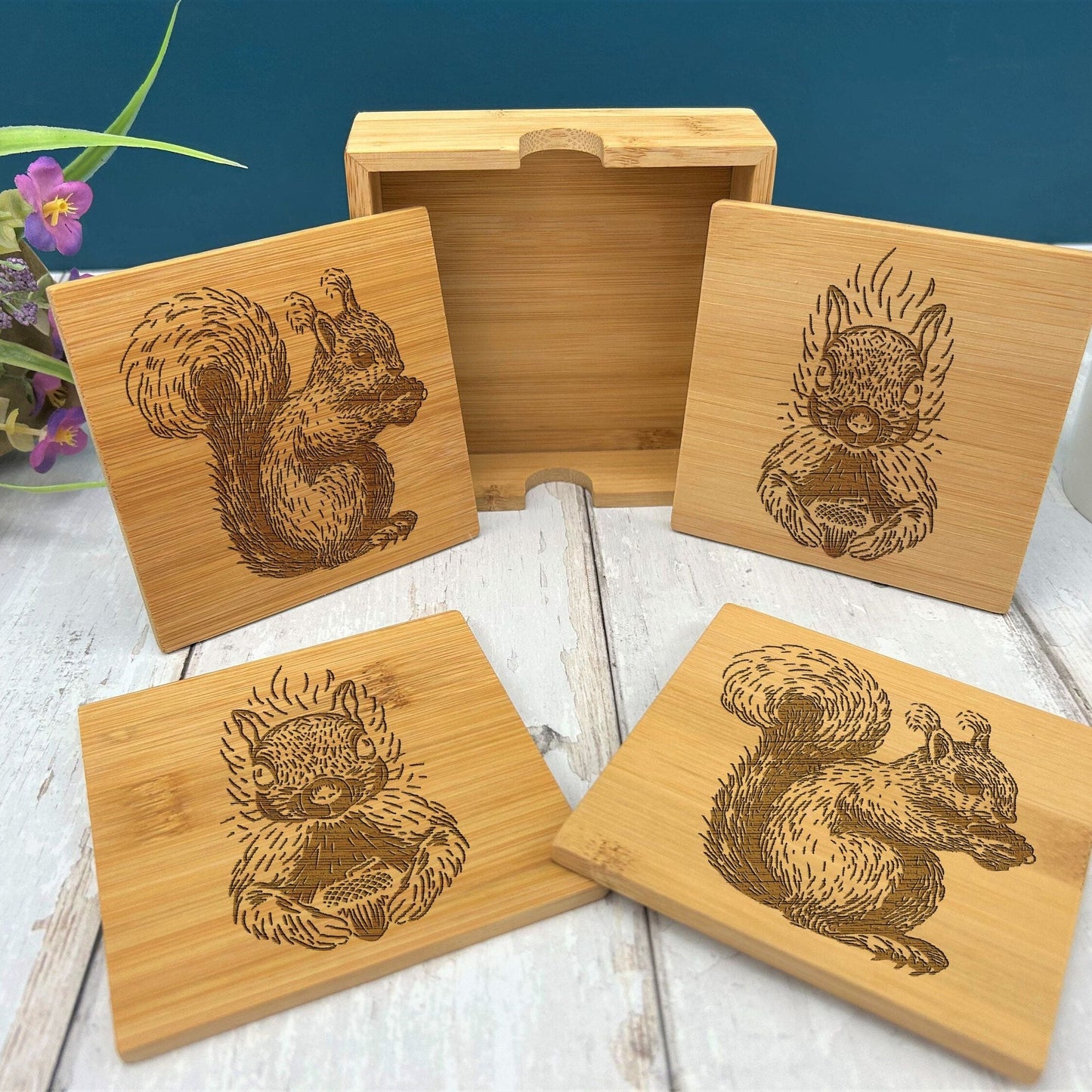 Squirrel Engraved Bamboo Coaster Set New Home Décor House Warming Christmas Gift Birthday Present Woodland Animal Cottage Core
