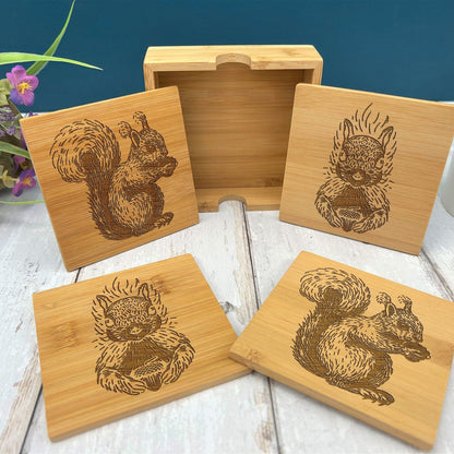 Squirrel Engraved Bamboo Coaster Set New Home Décor House Warming Christmas Gift Birthday Present Woodland Animal Cottage Core