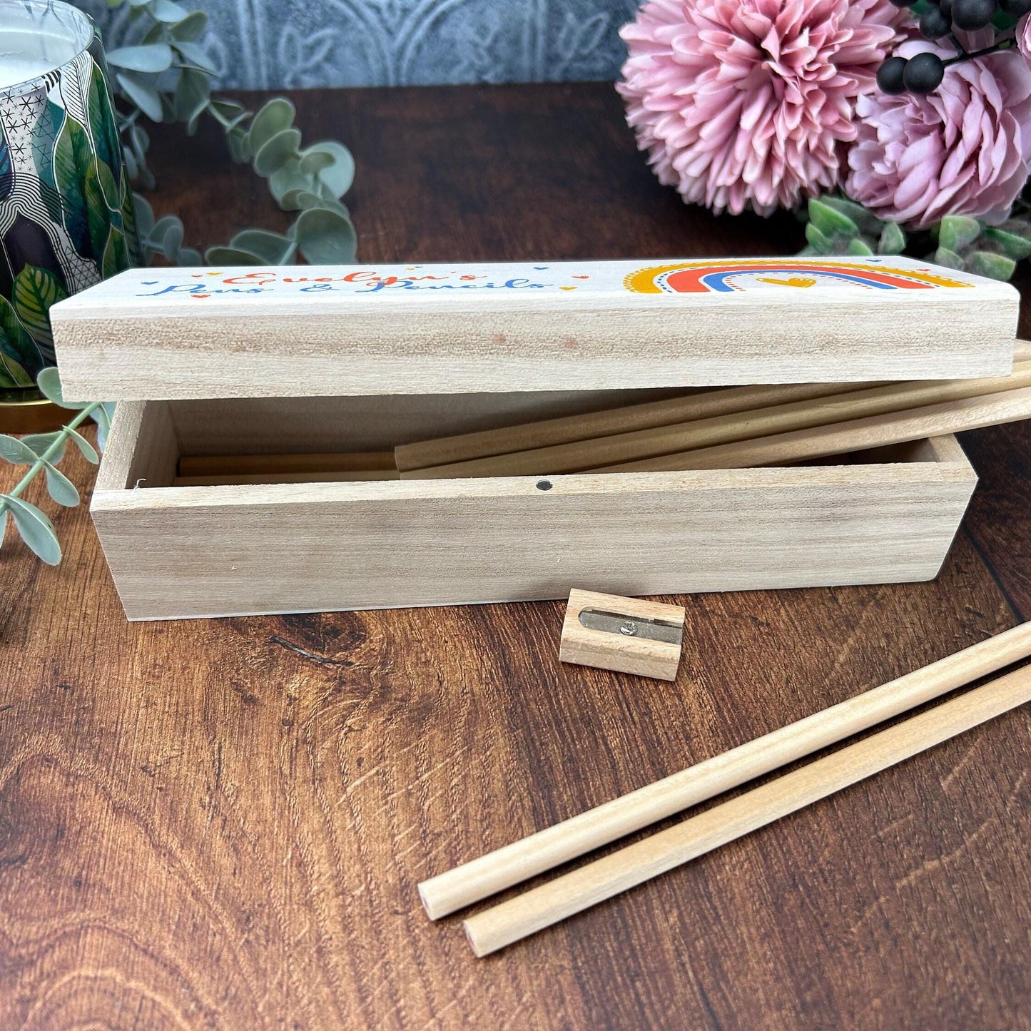 Rainbow Printed Personalised Wooden Pencil Case Box - School Stationery Birthday Gift