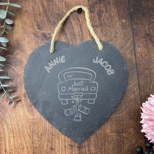 Just Married Car Wedding Slate Heart - Personalised Wedding Gift