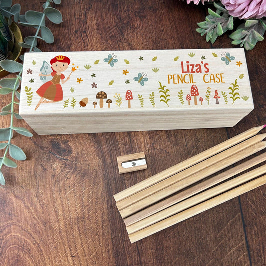 Fairy Printed Personalised Wooden Pencil Case Box - Pencil Case School Stationery Birthday Gift