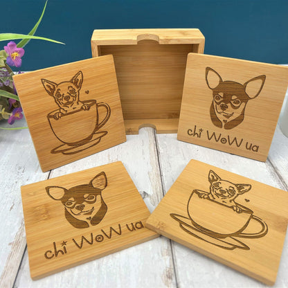 Chihuahua Pet Dog Engraved Bamboo Coaster Set New Home Décor House Warming Birthday Gift Christmas Present Doggy Animal