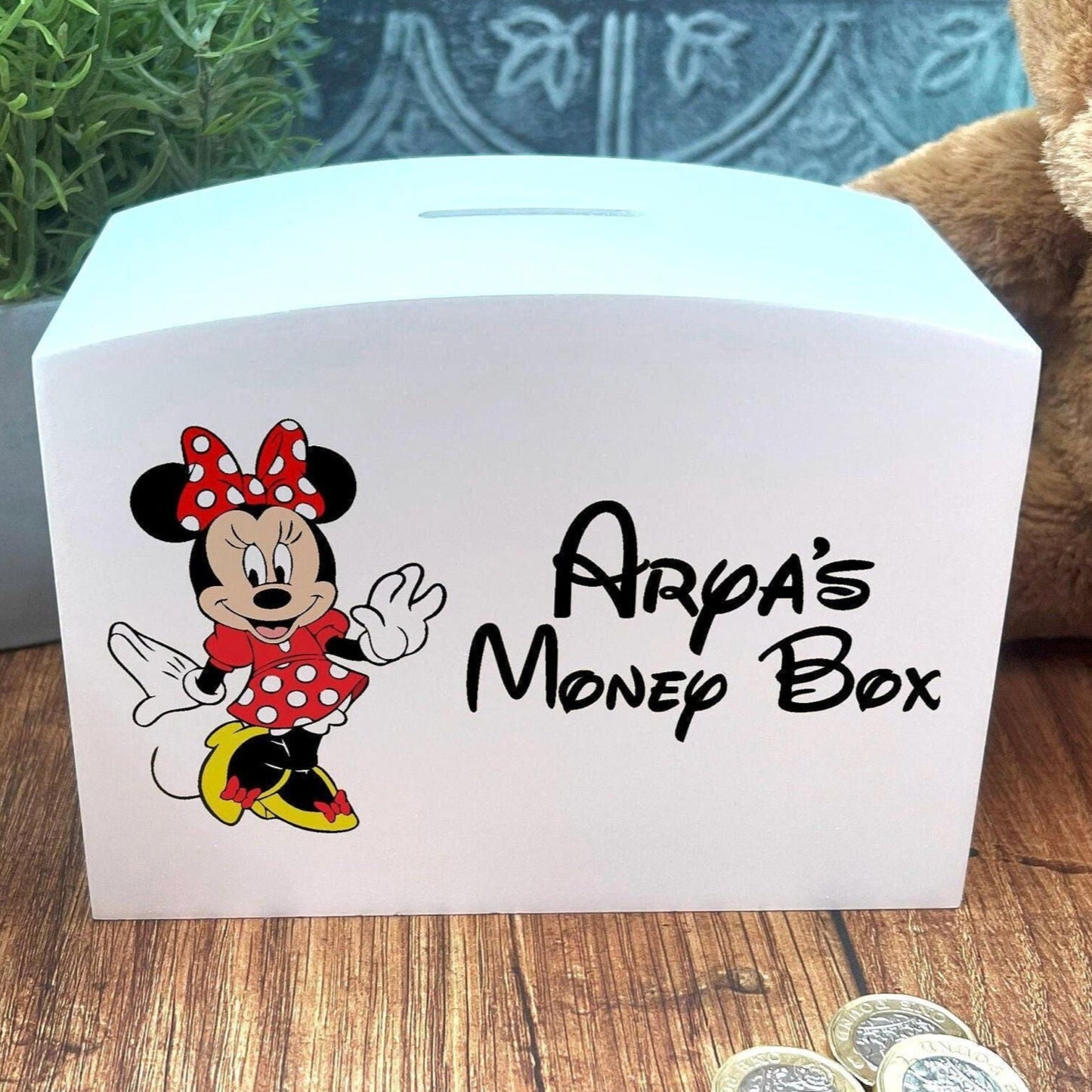 Minnie Mouse Wooden Money Box - Personalised Children's Saving Gift - Birthday Saving Gift