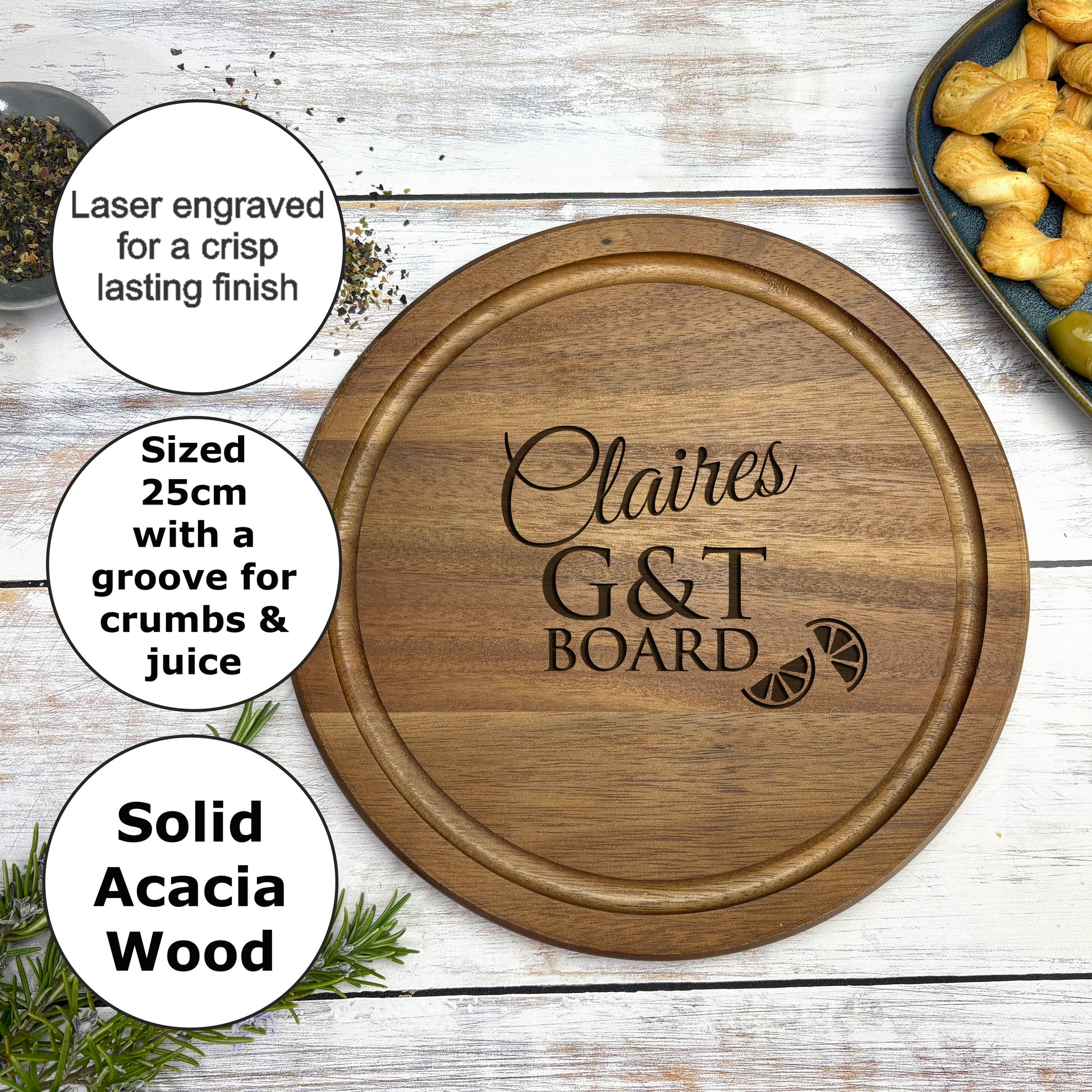 a personalized cutting board with the names of the ingredients
