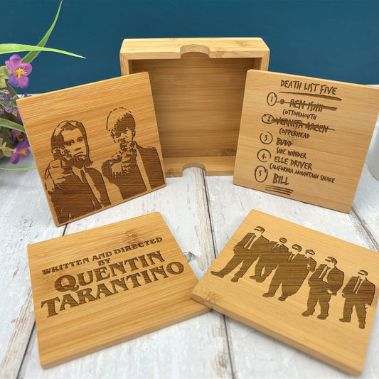 Quentin Tarantino Directed Movies Engraved Bamboo Coaster Set New Home Décor House Warming Gift Pulp Fiction Reservoir Dogs Kill Bill