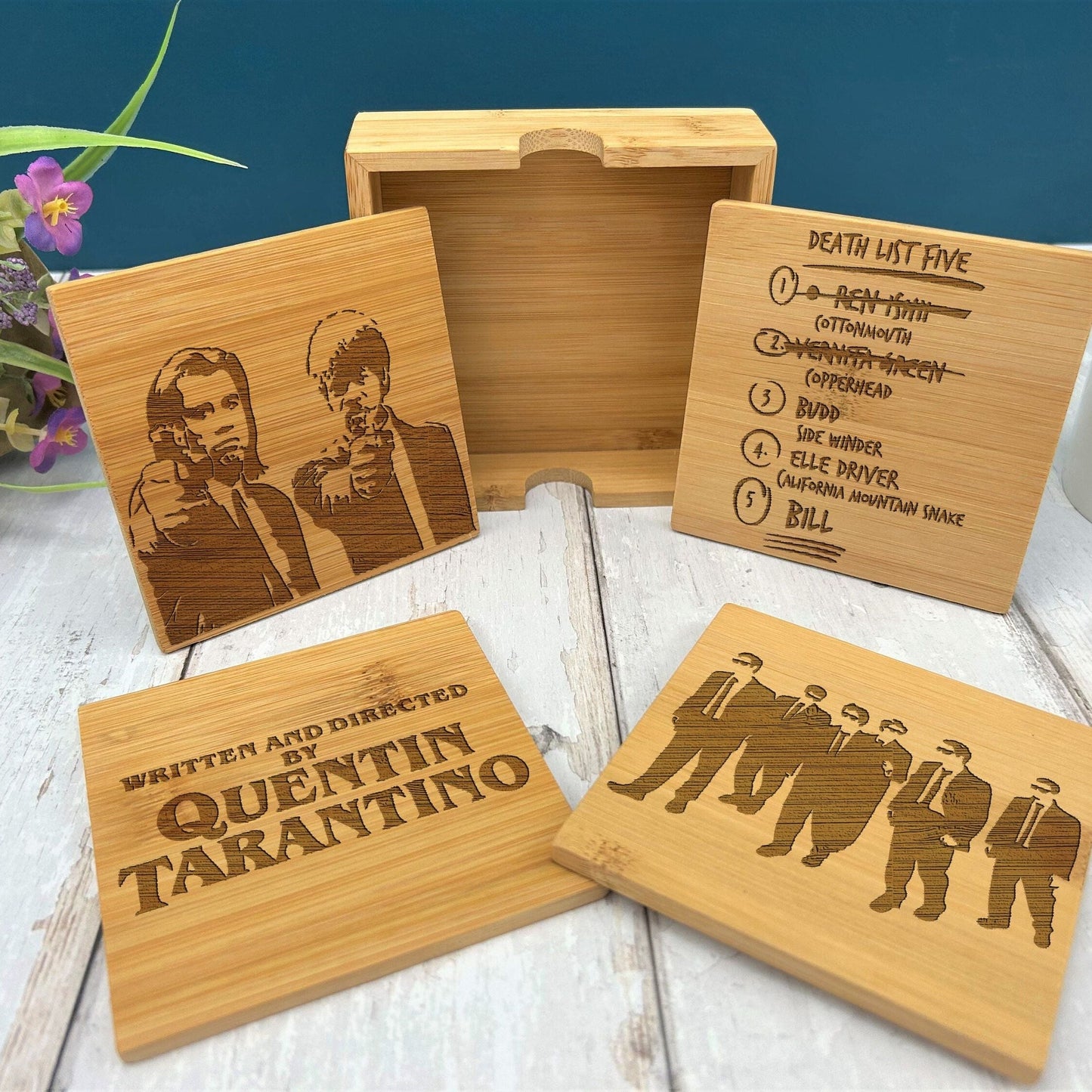 Quentin Tarantino Directed Movies Engraved Bamboo Coaster Set New Home Décor House Warming Gift Pulp Fiction Reservoir Dogs Kill Bill