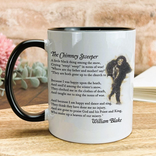 a white mug with a black handle, displaying a poem about a chimney sweeper.